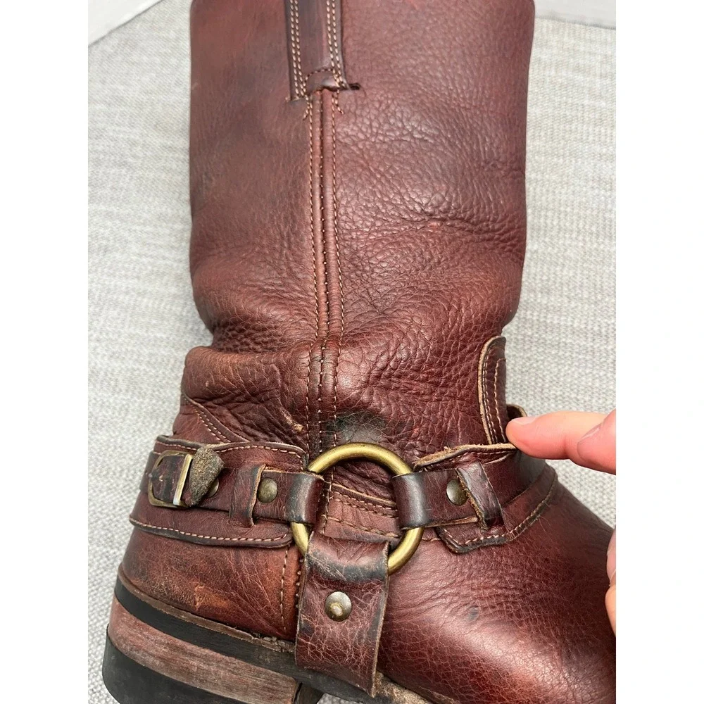 Frye Harness 12R Boots Mens 11 Brown Leather Biker Western Square Toe Distressed